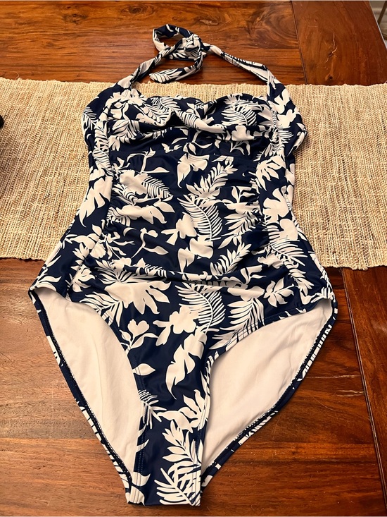 Eomenie Other - Navy & White Tropical Halter One-Piece Swimsuit